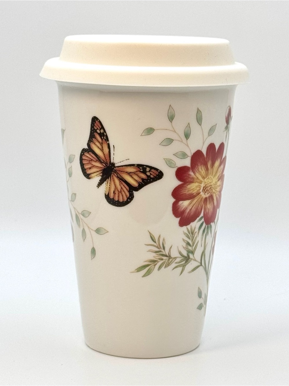 Lenox Butterfly Meadow Floral Ceramic Thermal Travel Mug with Silicone Lid